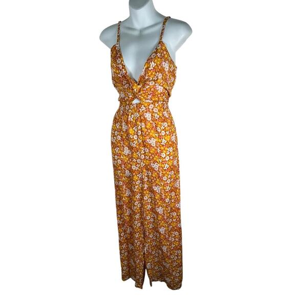 Larsyn & Lily Floral Burnt Orange Jumpsuit Smock Back Deep V-Neck Size Large - Picture 3 of 15